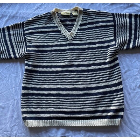 Vintage Limited America Sweater Women’s Sz Small Blue Cream Stripes Cotton - Picture 2 of 14